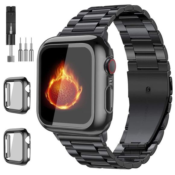 Men's Black Stainless Steel Watch Band Compatible w Apple Tempered Glass Case - Picture 1 of 13